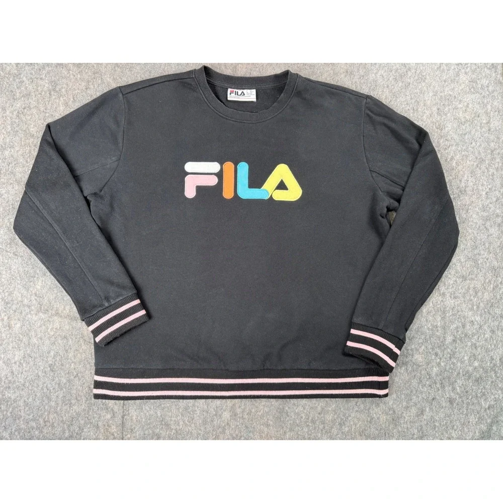 Fila Womens XXL Black Crewneck Sweatshirt Multi Color Striped Trim Pull Over